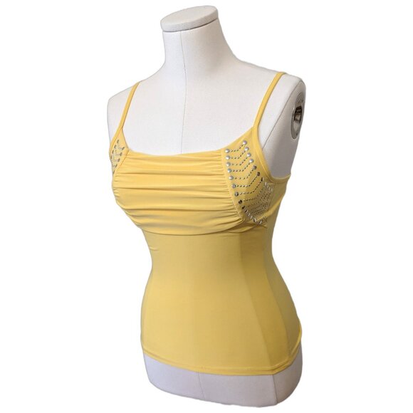 Vintage Y2K Yellow Cami Top Ruched Cowl Neck Studded Spaghetti Strap Stretch S - Picture 2 of 6
